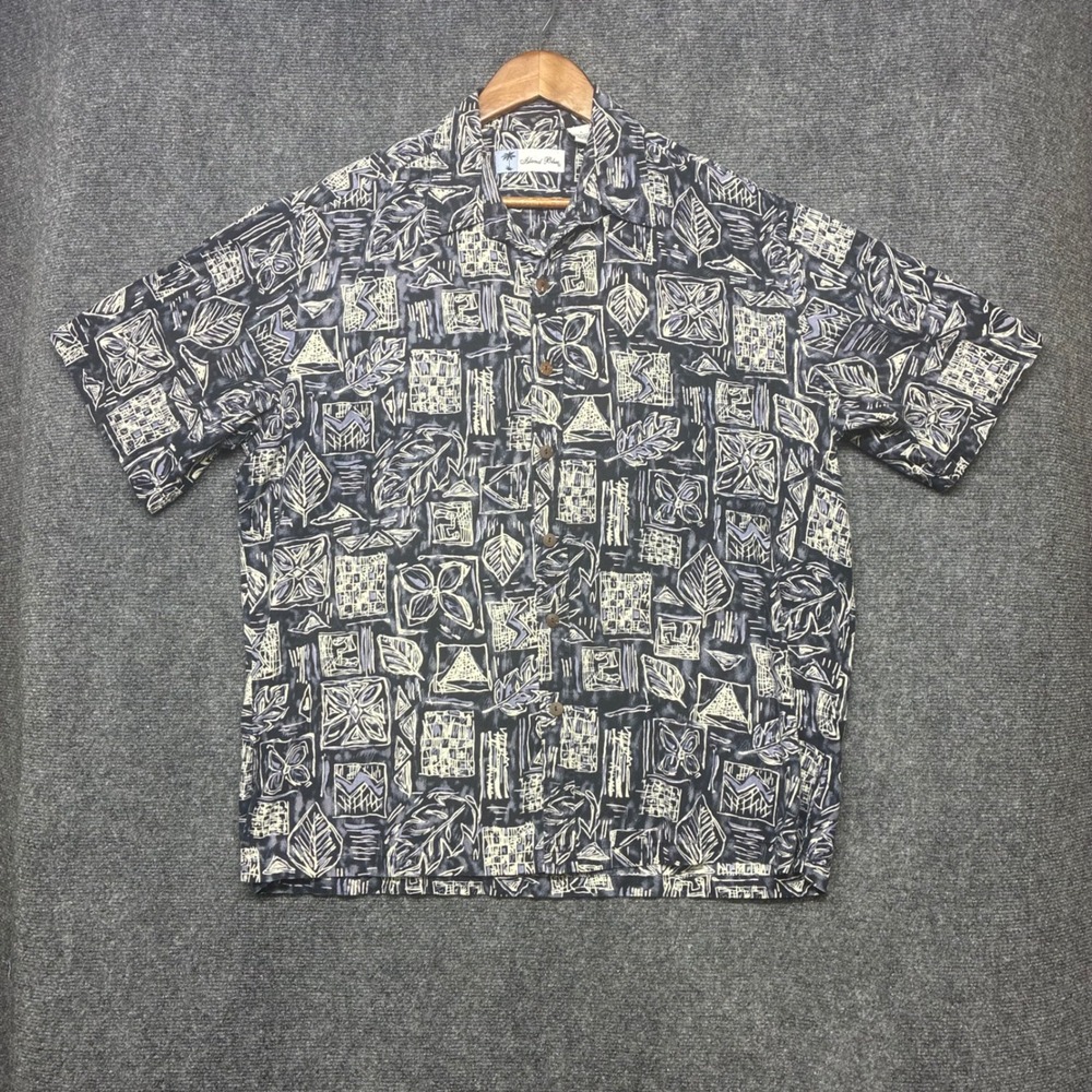 Vintage Paradise Island Blue Cotton Hawaiian Aloha Shirt Mens L Tapa Block 90s